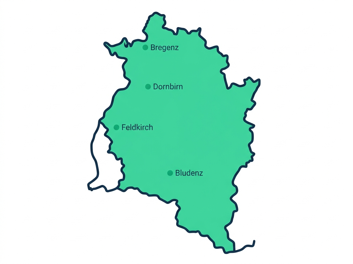 Karte Vorarlberg mit den vier Bezirken Bregenz, Dornbirn, Feldkirch, Bludenz